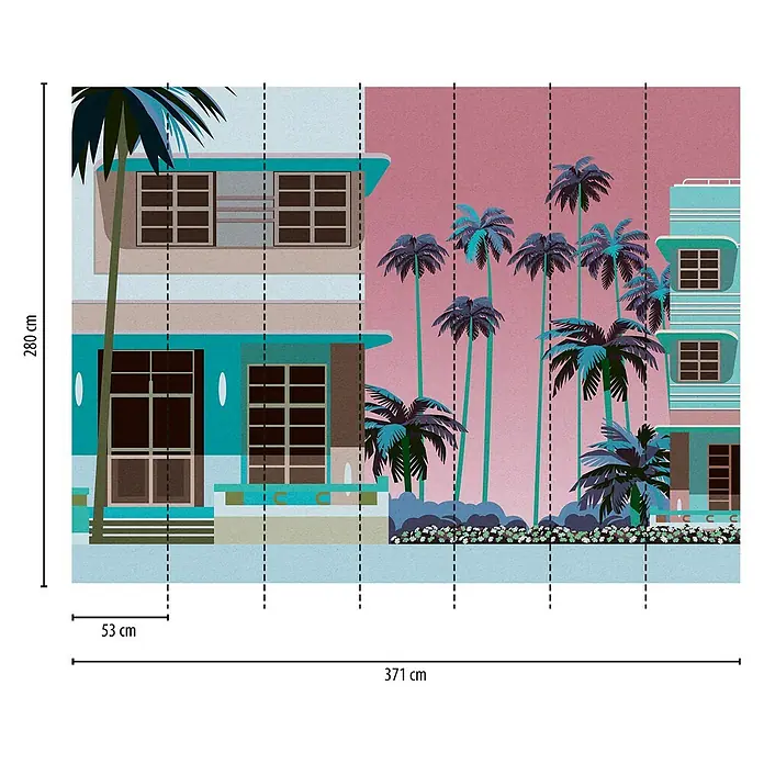 A.S. Création The Wall 3 Fototapete Florida - B x H: 371 x 280 cm, Vlies - Wandbild mit pastellfarbenen Art-Deco-Gebäuden und Palmen vor rosafarbenem Himmel, ideal für eine stilvolle Raumgestaltung.