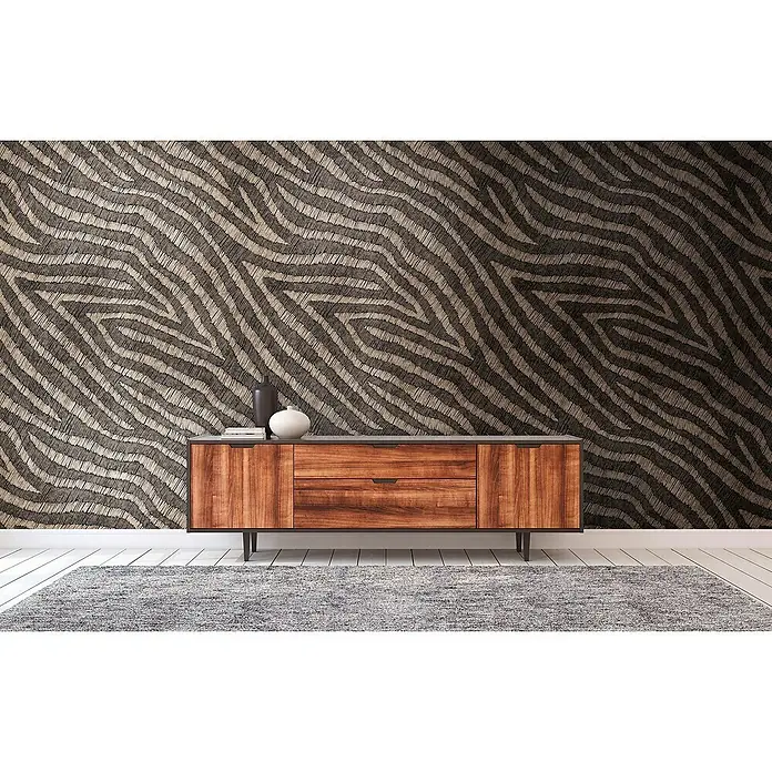 A.S. Création The Wall 2 Fototapete Zebramuster - B x H: 159 x 280 cm, Vlies - Eine moderne Holzkommode mit stilvollem Design vor einer gemusterten Wand.