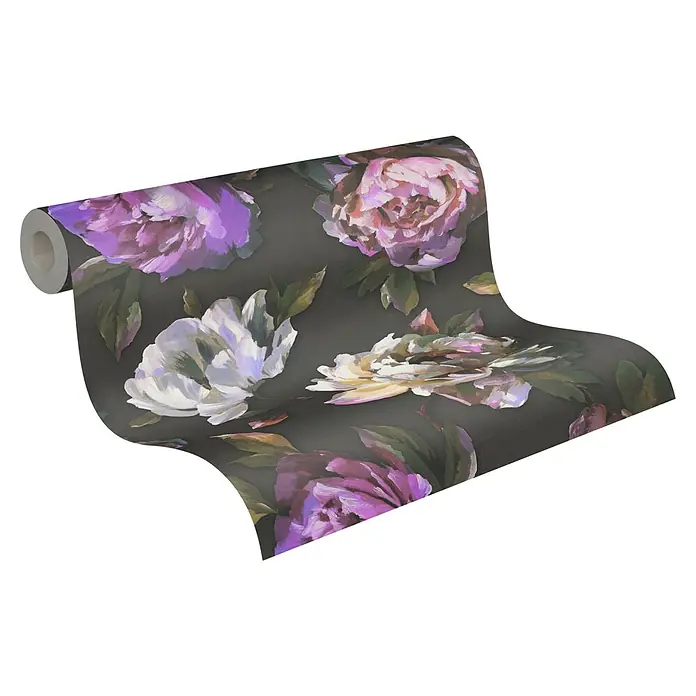 A.S. Création Pintwalls 2 Vliestapete Pfingstrosenblüten - Schwarz-Violett-Grün, Floral, 10,05 x 0,53 m - Eine Rolle floral gemusterte Tapete in dunklen Farbtönen mit lila und weißen Blüten.