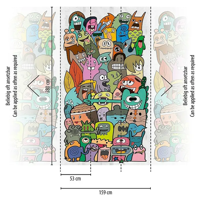 A.S. Création The Wall 3 Fototapete Comic - B x H: 159 x 280 cm, Vlies, Bunt - Dieses Bild zeigt eine Wandtapete mit bunten Monster-Doodles, die sich wiederholen lassen und eine Höhe von 280 cm und eine Breite von 159 cm haben.