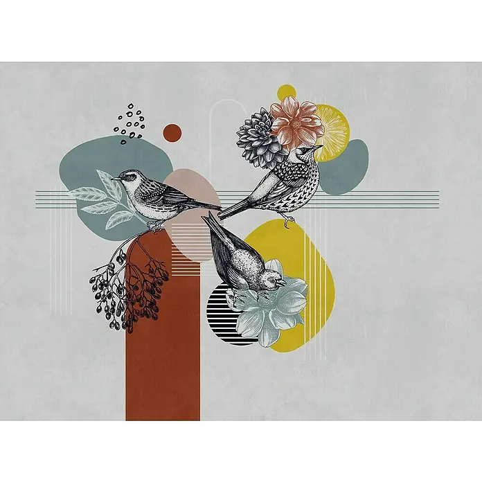 A.S. Création The Wall 3 Fototapete Formen mit Vögeln - B x H: 371 x 280 cm, Vlies - Elegantes Wandbild mit Vogel- und Blumenmotiven, abstrakten Formen und sanften Farben. Eine stilvolle Dekoration für jeden Raum.