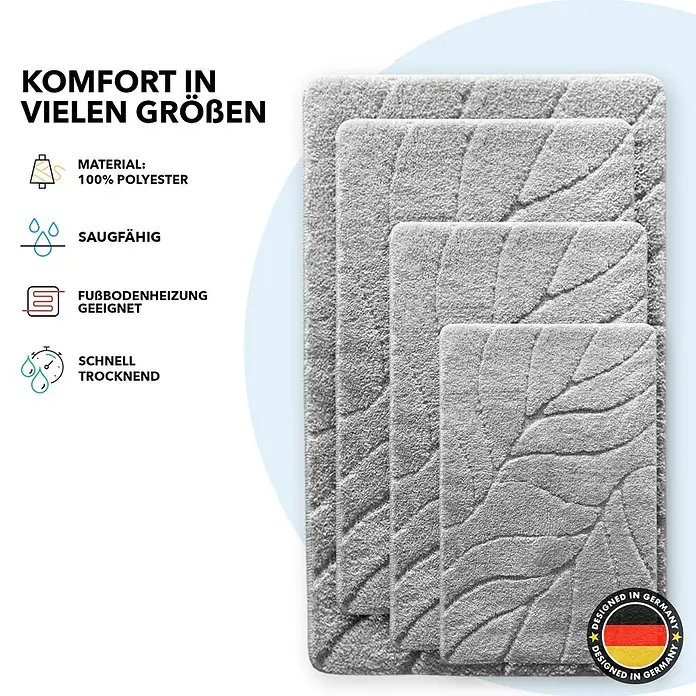 Floordirekt Badteppich Maris - 150 x 80 cm, Silber, 100% Polyester - Bild von drei grauen Badteppichen unterschiedlicher Größe mit Blattmuster und Produktinformationen.