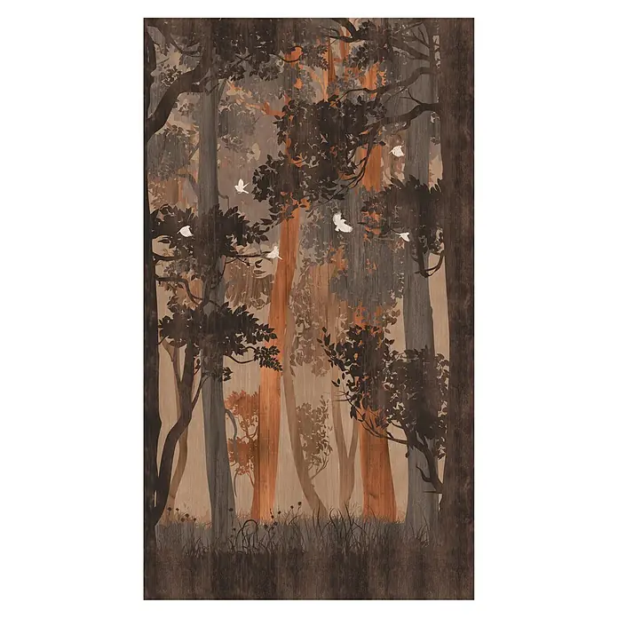 A.S. Création The Wall 2 Fototapete Wald - B x H: 159 x 280 cm, Vlies - Illustration eines Holzpaneels mit Waldmotiv und weißen Vögeln, das ein friedliches Naturambiente vermittelt.