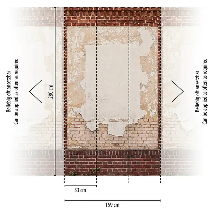 A.S. Création The Wall 2 Fototapete Steinwand roter Rahmen - B x H: 159 x 280 cm, Vlies - Eine Backsteinmauer-Fototapete mit Maßangaben, die ihre Größe und Anbringungsdetails hervorheben.