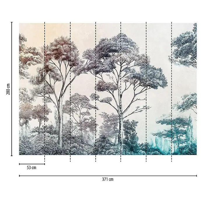 A.S. Création The Wall 3 Fototapete Bäume - B x H: 371 x 280 cm, Vlies - Wandbild mit Waldmotiv in Blau-, Grau- und Beigetönen. Das florale Design besteht aus Bäumen und Büschen.
