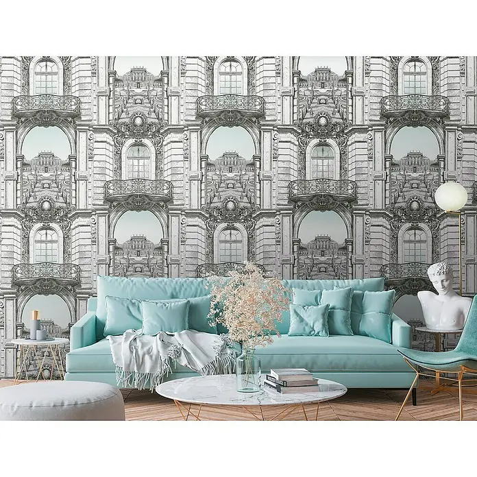 A.S. Création The Wall 2 Fototapete Gebäude - B x H: 159 x 280 cm, Vlies - Elegantes Wohnzimmer mit türkisfarbenem Sofa, Marmortisch und dekorativer Wandtapete, die eine luxuriöse und entspannte Atmosphäre schafft.