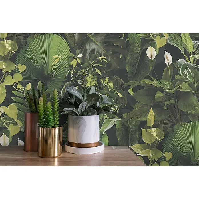 A.S. Création Pintwalls 2 Vliestapete Dchungel - Grün-Schwarz, Floral, 10,05 x 0,53 m - Zimmerpflanzen in goldenen und weißen Töpfen mit üppigem tropischen Blätter-Hintergrund für ein frisches, lebendiges Ambiente.