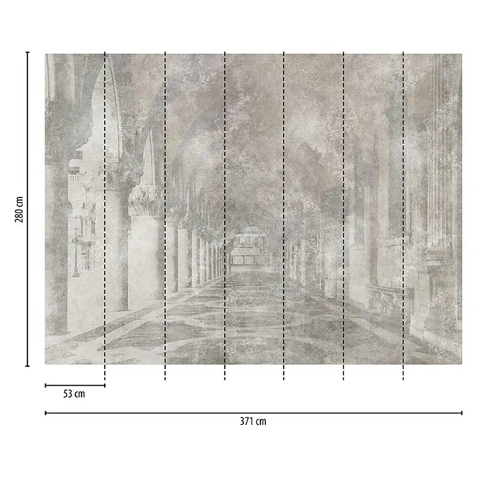 A.S. Création The Wall 3 Fototapete Antik - B x H: 371 x 280 cm, Vlies - Das Bild zeigt eine Wandtapete mit einem Architekturmuster in Grau- und Beigetönen, aufgeteilt in Bahnen. Die Maße sind angegeben.