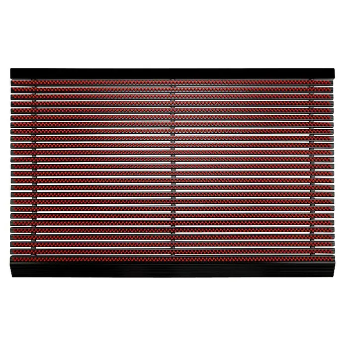 Fußmatte Power Brush - Rot, 60 x 40 cm, 100 % Nylon - Bild einer Fußmatte in Schwarz mit roten Noppen. Die Fußmatte ist horizontal gestreift und robust für den Eingangsbereich.