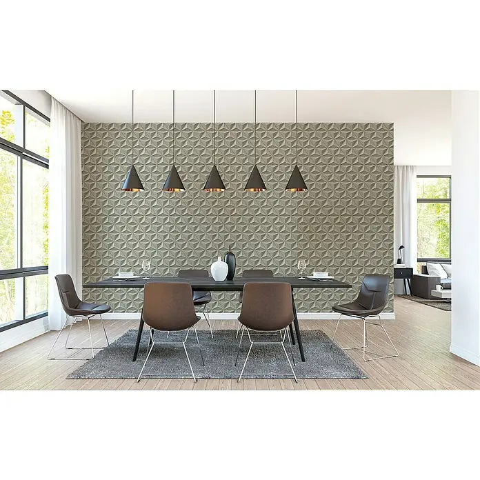 A.S. Création Pintwalls 2 Vliestapete 3D-Grafik - Grau-Weiß, 3D-Optik, 10,05 x 0,53 m - Esszimmer mit einem Esstisch aus dunklem Holz, sechs Stühlen mit hellen Metallbeinen und einer grauen Teppich, beleuchtet von modernen Hängelampen.