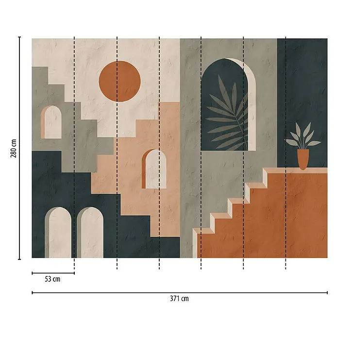 A.S. Création The Wall 3 Fototapete Fassade - B x H: 371 x 280 cm, Vlies - Eine moderne Fototapete mit geometrischen Formen und Pflanzenmotiven in warmen Farben, die einen stilvollen Akzent setzt.