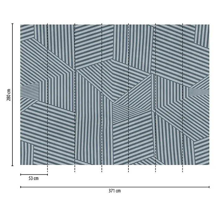 A.S. Création The Wall 3 Fototapete Bewegte Grafik - B x H: 371 x 280 cm, Vlies - Geometrische Tapete mit Streifenmuster in Blau- und Grautönen. Dekoratives Wandelement für moderne Innenräume.