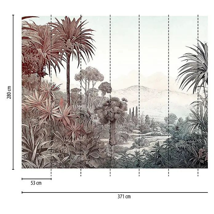 A.S. Création The Wall 3 Fototapete Dschungel II - B x H: 371 x 280 cm, Vlies - Tropische Fototapete mit Pflanzen und Landschaft. Dekorieren Sie Ihr Zuhause mit diesem exotischen Wandbild!