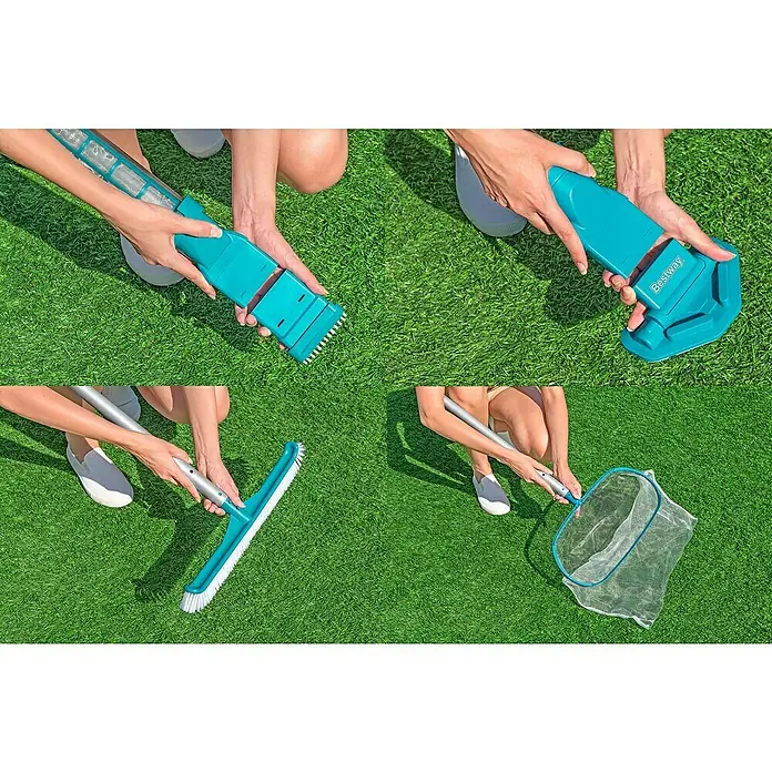 Bestway Poolsauger-Set AquaSurge - Türkis - Verschiedene Aufsätze für Poolreiniger von Bestway werden auf grünem Gras montiert.
