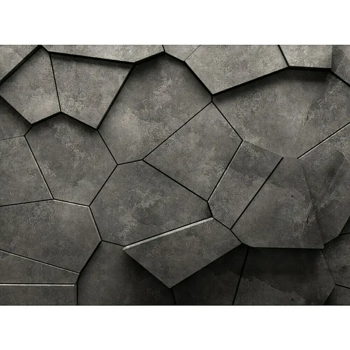 A.S. Création The Wall 3 Fototapete Felswand - B x H: 371 x 280 cm, Vlies - Detailaufnahme einer modernen, grauen Wandverkleidung aus geometrischen Steinpaneelen mit subtilen Schatteneffekten.