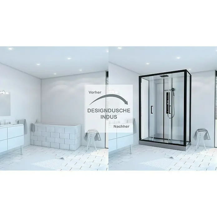 Aurlane Komplettdusche Indus - 160 x 70 x 215 cm, Anthrazit/Silbergrau - Bild zeigt eine Badsanierung mit einer modernen, schwarzen Design-Duschkabine. Vorher-Nachher-Vergleich mit stilvollem Design.