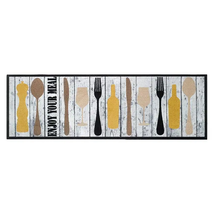 Alfombra corredera de cocina Cuisine - Multicolor, 150 x 50 cm - Una alfombra de cocina rectangular con motivos de cubertería y la impresión "Enjoy your meal" sobre un fondo de madera blanca.