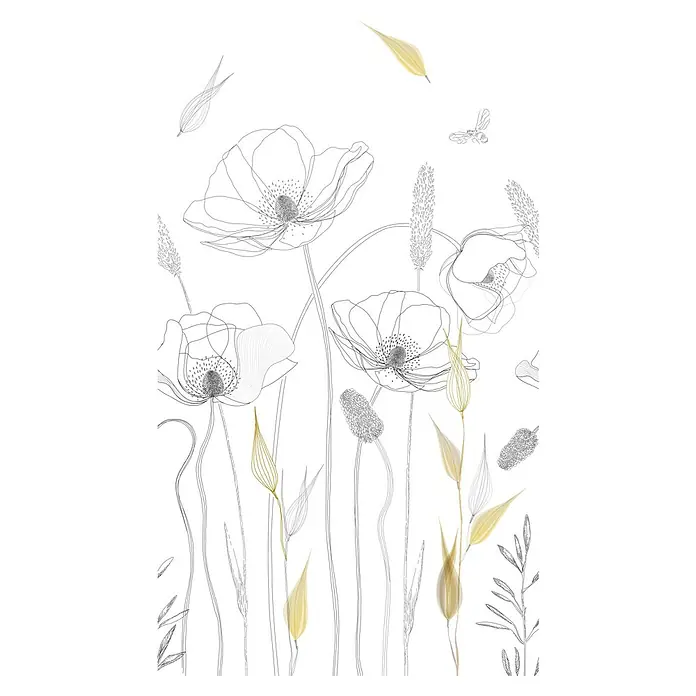 A.S. Création The Wall 2 Fototapete Blume I - B x H: 159 x 280 cm, Vlies, Weiß-Schwarz-Gelb - Elegante Illustration von zarten Mohnblumen und Gräsern in Schwarzweiß mit dezenten goldenen Akzenten, die eine ruhige und stilvolle Atmosphäre schaffen.