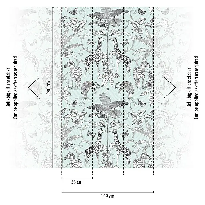 A.S. Création The Wall 2 Fototapete Dschungel mit Tieren - B x H: 159 x 280 cm, Vlies - Eine detailreiche Tapete mit exotischen Tieren und Pflanzen. Das Muster wiederholt sich und ist 280 cm hoch und 159 cm breit.