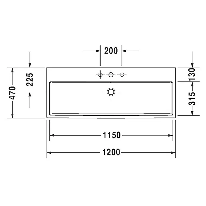 Duravit Vero Air Waschtisch - 120 x 47 cm, Ohne Spezialglasur, Hahnloch: Mitte, Mit Überlauf, Weiß, Geschliffen - Technische Zeichnung eines Waschbeckens mit Maßen. Details zu Breite, Tiefe und Position von Armaturen und Abfluss.