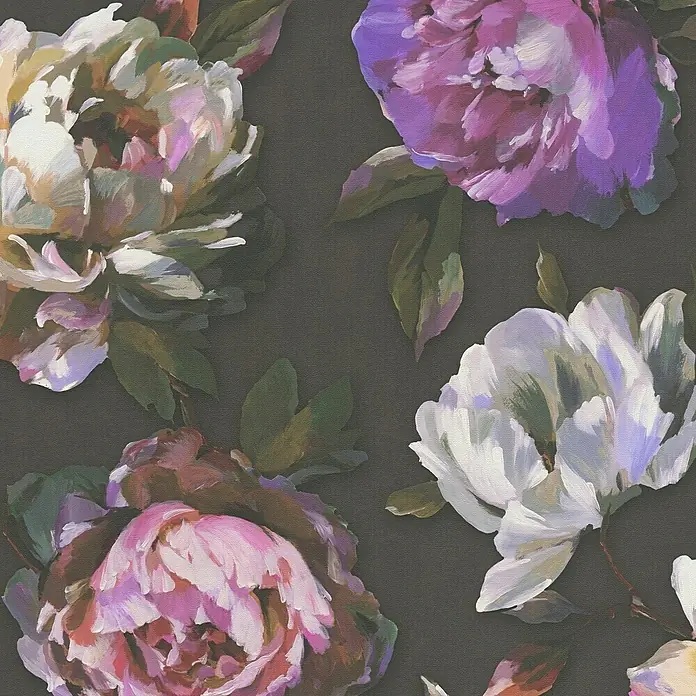 A.S. Création Pintwalls 2 Vliestapete Pfingstrosenblüten - Schwarz-Violett-Grün, Floral, 10,05 x 0,53 m - Malerische Blütenmuster auf dunklem Grund. Das florale Design umfasst Pfingstrosen in Weiß, Lila und Rosa, die einen eleganten und künstlerischen Effekt erzeugen.