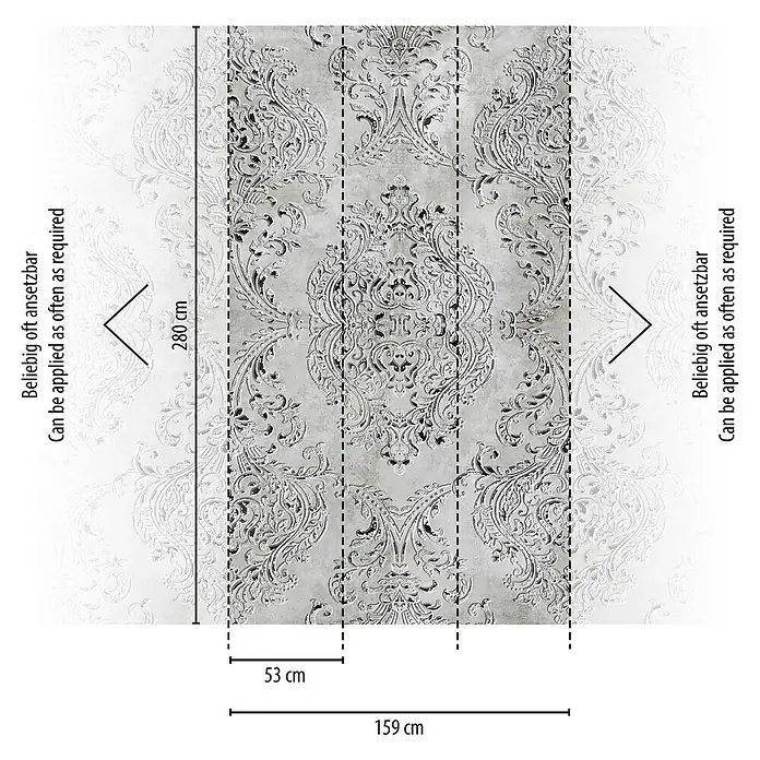A.S. Création The Wall 3 Fototapete Relief - B x H: 159 x 280 cm, Vlies - Bild einer gemusterten Tapete mit Größenangaben, die die Designwiederholungen und die Anwendbarkeit hervorheben.