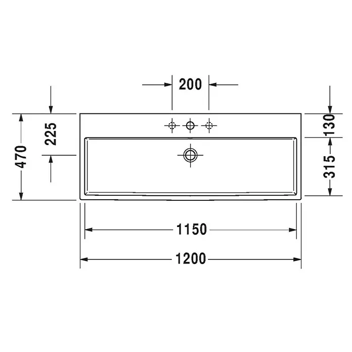 Duravit Vero Air Waschtisch - 120 x 47 cm, Ohne Spezialglasur, Hahnloch: Mitte, Mit Überlauf, Weiß, Ungeschliffen - Technische Zeichnung eines rechteckigen Waschbeckens mit Maßangaben für Breite, Tiefe und Abstand der Armaturen.