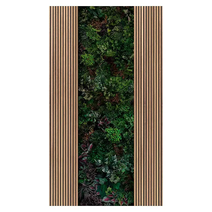 A.S. Création The Wall 3 Fototapete Holzpaneel mit Dschungel-Ausschnitt I - B x H: 159 x 280 cm, Vlies - Vertikaler Garten mit Holzlamellen: Ein stilvolles Wandpaneel mit üppigem Grün und eleganten Holzdetails für ein modernes Ambiente.