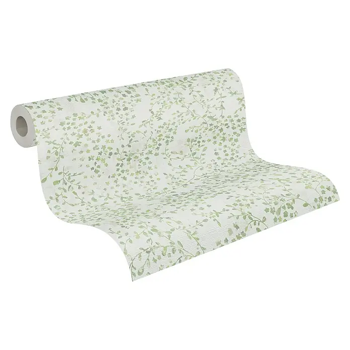 A.S. Création Pintwalls 2 Vliestapete Blumen - Grün-Weiß-Creme, Floral, 10,05 x 0,53 m - Eine Rolle floral gemusterter Tapete mit zarten grünen Blättern auf einem hellen Hintergrund, die eine natürliche und beruhigende Atmosphäre schafft.
