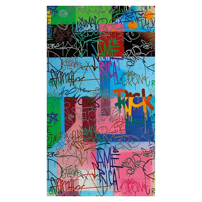 A.S. Création The Wall 3 Fototapete Graffiti - B x H: 159 x 280 cm, Vlies - Graffiti-Kunstwerk mit lebhaften Farben und überlappenden Schriftzügen, das eine dynamische und urbane Atmosphäre schafft.