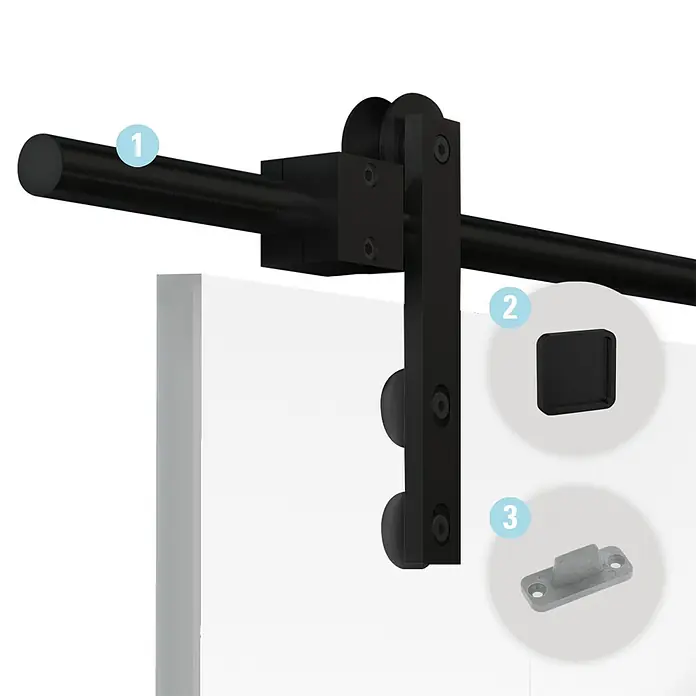 Diamond Doors Schiebetürbeschlag Galaxy Premium Black - Schwarz, Art Beschlag: Offen, 2.000 mm, Passend für: Diamond Doors Glas- oder Holzschiebetüren - Schiebetürbeschlag-Set mit einer schwarzen Schiene, Stopper und Bodenführung zur einfachen Montage und Nutzung.