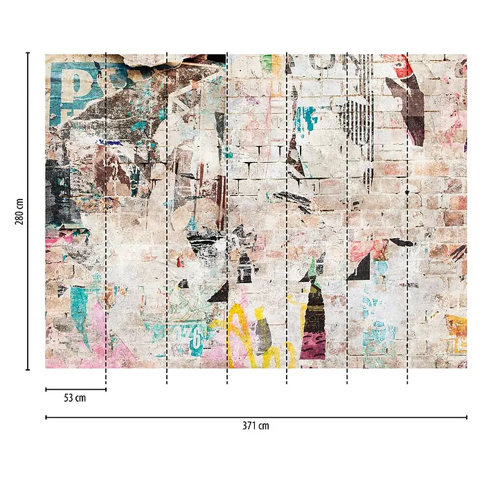 A.S. Création The Wall 3 Fototapete Graffiti - B x H: 371 x 280 cm, Vlies - Tapetenbild einer Ziegelmauer mit bunten Graffiti und alten Postern, geteilt in Abschnitte mit Maßen.
