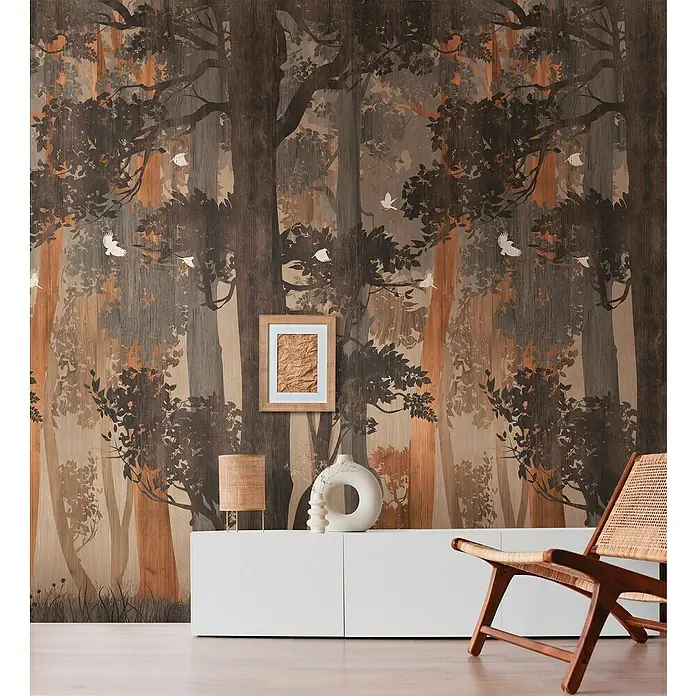 A.S. Création The Wall 2 Fototapete Wald - B x H: 159 x 280 cm, Vlies - Dekoratives Baumtapeten-Design mit Stuhl und Tisch, das jedem Raum eine natürliche und künstlerische Note verleiht.