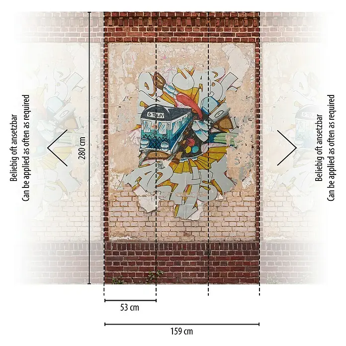 A.S. Création The Wall 2 Fototapete Steinwand Graffiti I - B x H: 159 x 280 cm, Vlies - Wandtapete mit Graffiti-Motiv einer U-Bahn und dem Schriftzug „G-Town“, umgeben von Backsteinen und den Maßen 159 x 280 cm.
