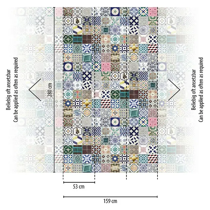 A.S. Création The Wall 3 Fototapete Vintage - B x H: 159 x 280 cm, Vlies - Das Bild zeigt eine Tapete mit einem farbenfrohen, marokkanisch inspirierten Fliesendesign und Größenangaben.