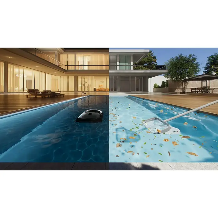 Beatbot Poolroboter AquaSense 2 Pro - Akkubetrieben, Passend für: Pools bis 360 m² Grundfläche, Filterleistung: 20.800 l/h - Bild von einem Pool mit Poolreinigungsroboter vs. manueller Reinigung. Hervorhebung des Poolreinigungsroboters.