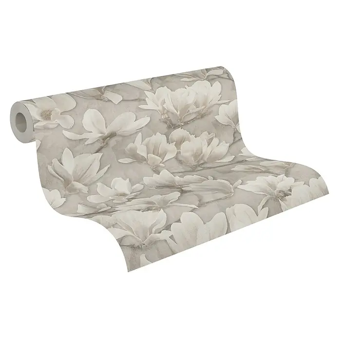 A.S. Création Pintwalls 2 Vliestapete Magnolien - Beige-Creme-Weiß, Floral, 10,05 x 0,53 m - Ein Rollenbild der Tapete mit Magnolienblüten, die ein elegantes Design für die Inneneinrichtung bietet.
