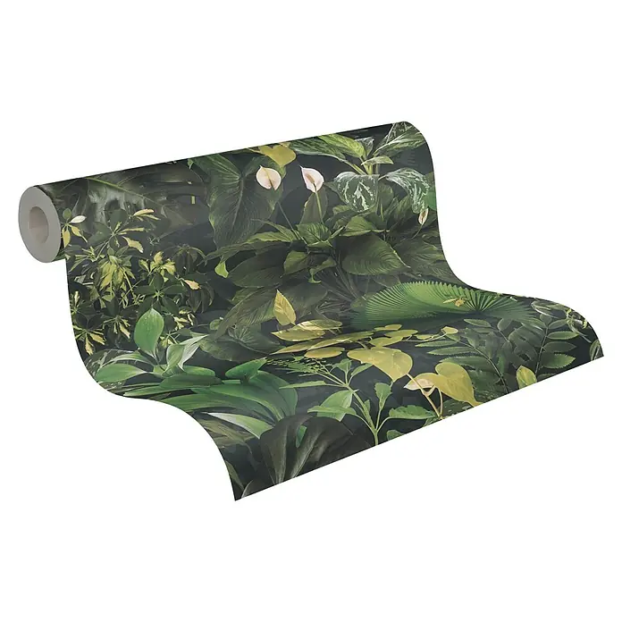 A.S. Création Pintwalls 2 Vliestapete Dchungel - Grün-Schwarz, Floral, 10,05 x 0,53 m - Eine Rolle stilvolle Dschungel-Tapete mit üppigen grünen Blättern und weißen Blüten, die jedem Raum einen Hauch von Natur verleiht.