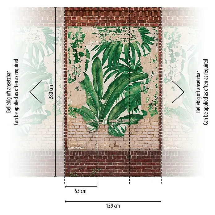 A.S. Création The Wall 2 Fototapete Palmenblätter - B x H: 159 x 280 cm, Vlies, Grün-Beige-Braun-Rot - Wandtapete mit tropischem Blätterdesign auf einer verwitterten Ziegelmauer, Maße sind 280 cm hoch und 159 cm breit.
