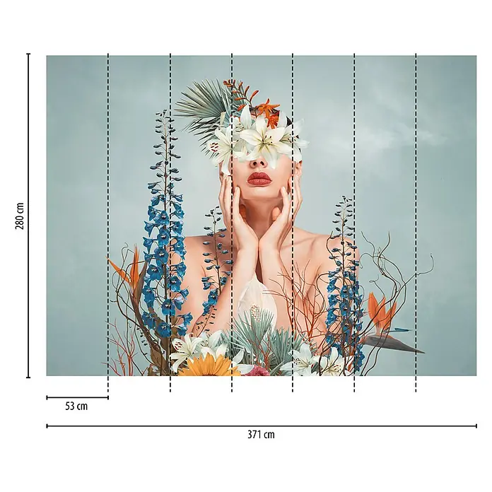 A.S. Création The Wall 3 Fototapete Frau - B x H: 371 x 280 cm, Vlies - Diese Fototapete zeigt eine Frau mit Blumen, die einen Hauch von floraler Eleganz in jeden Raum bringt. Die Tapete ist 371 x 280 cm groß.