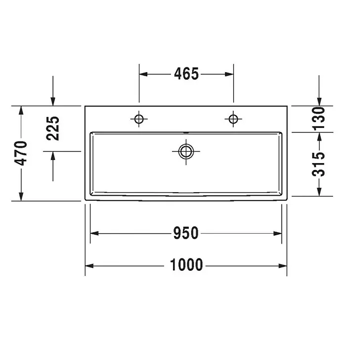 Duravit Vero Air Doppelwaschtisch - 100 x 47 cm, Ohne Spezialglasur, Hahnloch: Mitte, Mit Überlauf, Weiß, Ungeschliffen - Technische Zeichnung des Waschtisches mit Maßen. Detaillierte Ansicht für Planung und Installation.