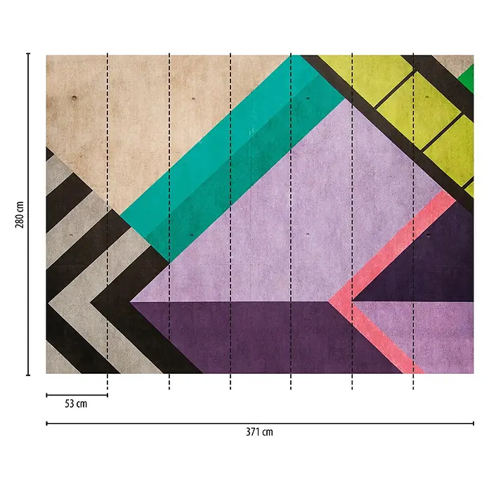 A.S. Création The Wall 3 Fototapete Grafik - B x H: 371 x 280 cm, Vlies - Geometrische Fototapete mit farbenfrohen Mustern und Betonoptik für eine moderne Wandgestaltung im Innenraum.