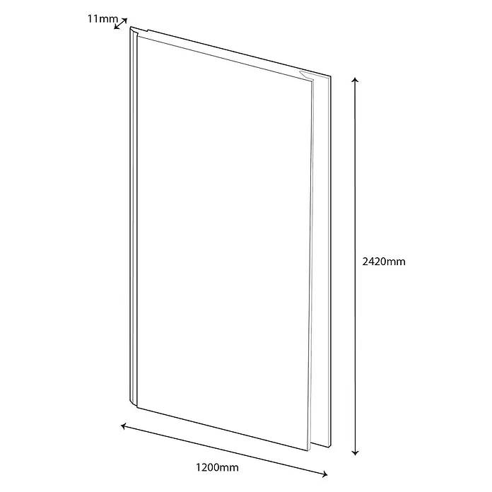 Wetwall Wandpaneel Elite - 120 x 242 cm, Marbre Celeste, Nut & Feder System - Produktansicht einer rechteckigen Platte mit den Maßen 11 mm Tiefe, 1200 mm Breite und 2420 mm Höhe, dargestellt in einer technischen Zeichnung.