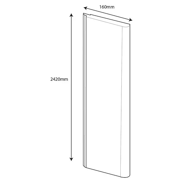 Wetwall Wandpaneel Elite - 16 x 242 cm, Onyx Oro, Abgerundete Kante - Abbildung eines schlanken, weißen Paneels mit den Maßen 2420 mm Höhe und 160 mm Breite, dargestellt in einer technischen Zeichnung.