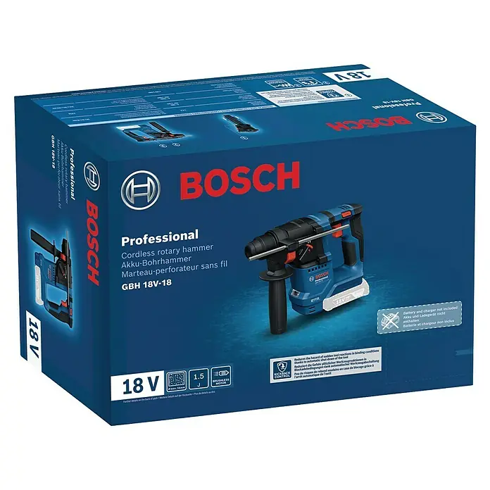 Bosch Professional AMPShare 18V Akku-Bohrhammer GBH 18V-18 - 18 V, Ohne Akku, 1,5 J - Produktverpackung eines Bosch GBH 18V-18 Akku-Bohrhammers, professionelles Werkzeug für Baustellenanwendungen.