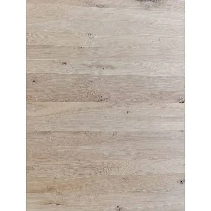 Leimholzplatte Wildeiche - Eiche, Qualitätsstufe Leimholzplatte: B/C, 2.400 x 1.210 x 19 mm - Helle Holzoberfläche mit Maserung, ideal für Möbel oder Bodenbeläge. Natürliche Optik mit subtilen Farbvariationen und Astlöchern für rustikalen Charme.