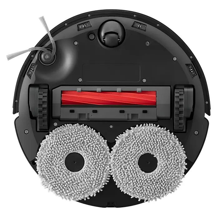 Roborock Saugwischroboter QR 598 Black - Saugkraft: 8.000 Pa, Akkulaufzeit: 180 min, Fassungsvermögen Roboter: 330 ml, Schwarz - Unterseite eines Roboterstaubsaugers mit zwei Mopps und einer Bürste zur Reinigung.