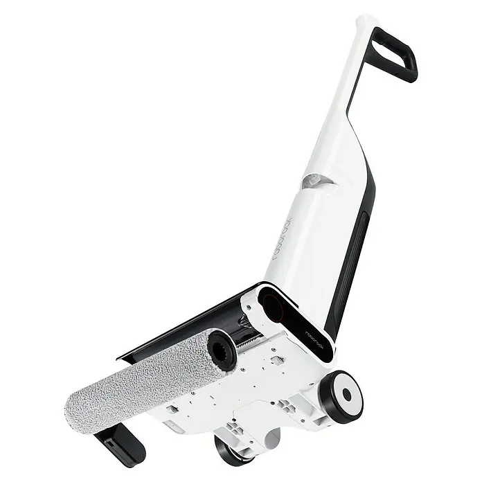 Roborock Akku-Nass-Trockensauger Flexi Lite - Saugkraft: 17.000 Pa, Akkulaufzeit: 40 min, Wassertankvolumen: 0,62 l - Der Roborock S7 Nass- und Trockensauger, ein elegantes weißes Haushaltsgerät mit rotierenden Bürsten für eine gründliche Reinigung.