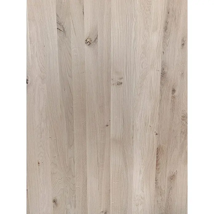 Leimholzplatte Wildeiche - Eiche, Qualitätsstufe Leimholzplatte: B/C, 3.000 x 1.210 x 20 mm - Helles Holzpaneel mit einer sichtbaren Holzstruktur und einigen Ästen. Ideal für Möbelbau und Innenausbau mit natürlichem Charme.