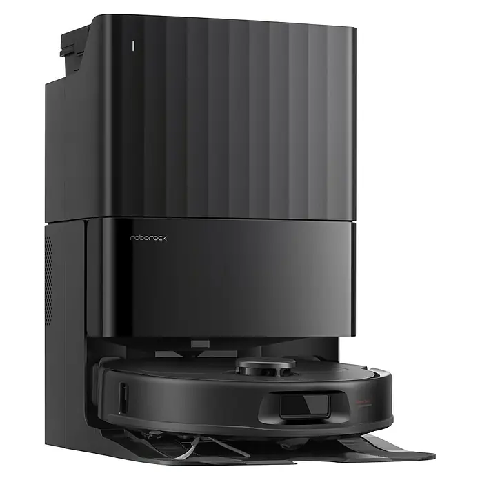 Roborock Saugwischroboter QR 598 Black - Saugkraft: 8.000 Pa, Akkulaufzeit: 180 min, Fassungsvermögen Roboter: 330 ml, Schwarz - Das Bild zeigt den Roborock S8 Pro Ultra Staubsauger mit seiner automatischen Reinigungsstation, die das Gerät auflädt und entleert.